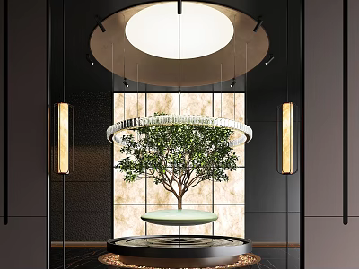 Modern Indoor Decor With Central Plant On Circular Platform And Hanging Lights 3d model