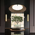 Modern Indoor Decor With Central Plant On Circular Platform And Hanging Lights