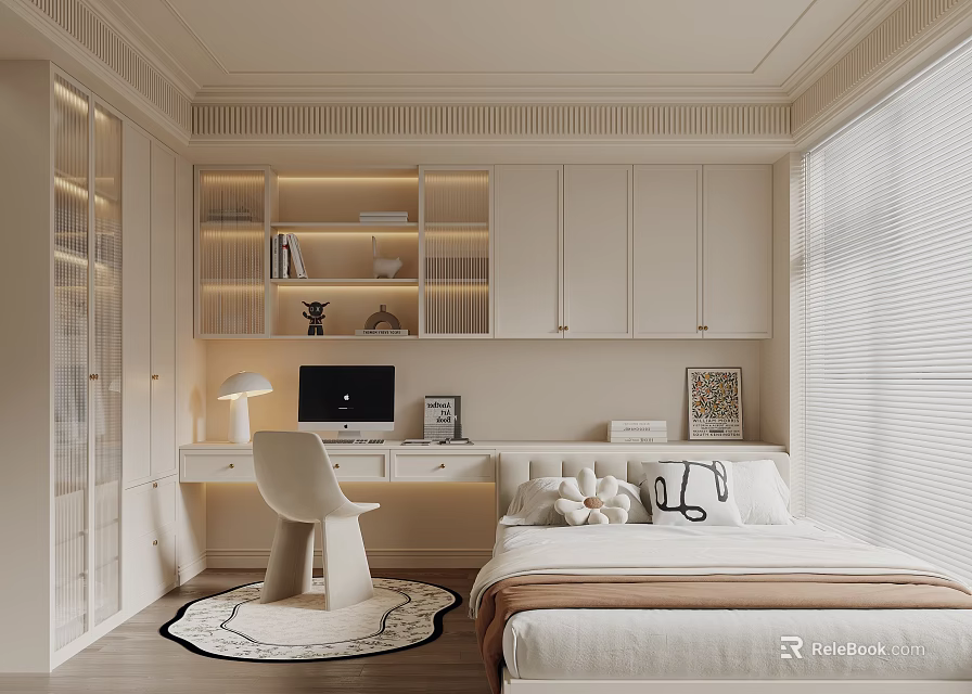 Modern Tatami Bedroom Interior Design With Desk Chair Lit Bookshelf And Cabinets 3d model 