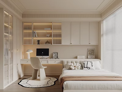 Modern Tatami Bedroom Interior Design With Desk Chair Lit Bookshelf And Cabinets 3d model