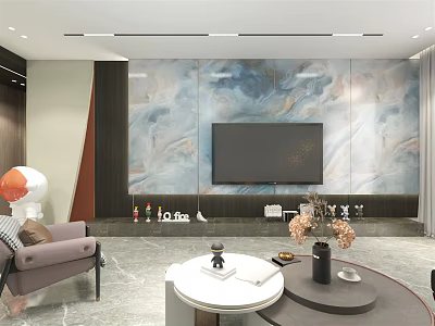 Elegant Modern Living Room Interior with Marble Accent Wall TV Sofa Coffee Table Decor 3d model