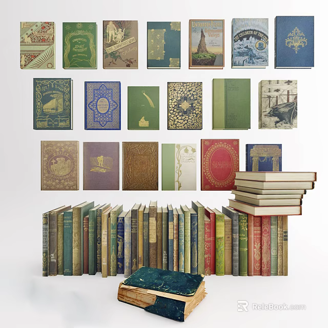 Vintage Books Collection Featuring Colorful Covers Various Designs Stacked And Arranged 3d model 