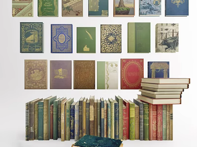 Vintage Books Collection Featuring Colorful Covers Various Designs Stacked And Arranged 3d model