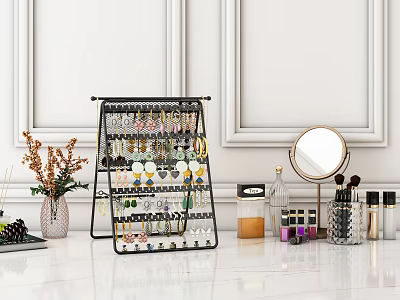 Black Multi layer Jewelry Organizer with Hanging Accessories and Cosmetics on Dressing Table 3d model