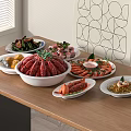 Assorted Plated Food with Crab Shrimp Meat Vegetables and Noodles on Dining Table