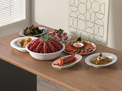 Assorted Plated Food with Crab Shrimp Meat Vegetables and Noodles on Dining Table 3d model
