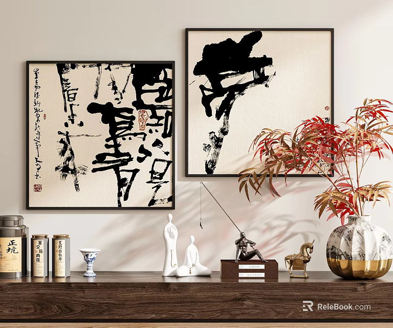 Abstract Paintings Hanging on Wall with Decorative Ornaments and Red Leaf Vase 3d model 