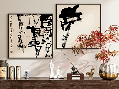 Abstract Paintings Hanging on Wall with Decorative Ornaments and Red Leaf Vase 3d model