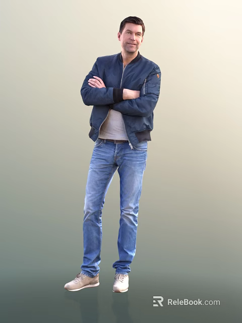 Man In Navy Blue Jacket And Blue Jeans Standing With Crossed Arms 3d model 