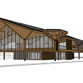 Modern Architectural Building With Wooden Structure Large Glass Windows And Sloped Gabled Roofs