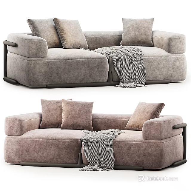 Modern Gray Sectional Sofa With Comfortable Pillows Cozy Blanket And Dark Armrests 3d model