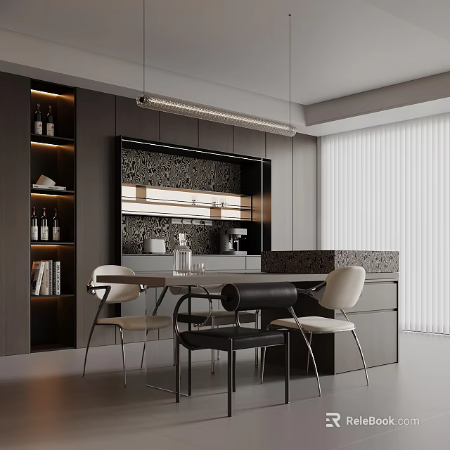 Modern Restaurant Interior With Dining Table Chairs Wine Shelves Hanging Lights And Marble Countertop 3d model 