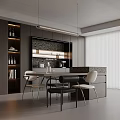 Modern Restaurant Interior With Dining Table Chairs Wine Shelves Hanging Lights And Marble Countertop