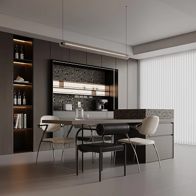 Modern Restaurant Interior With Dining Table Chairs Wine Shelves Hanging Lights And Marble Countertop 3d model