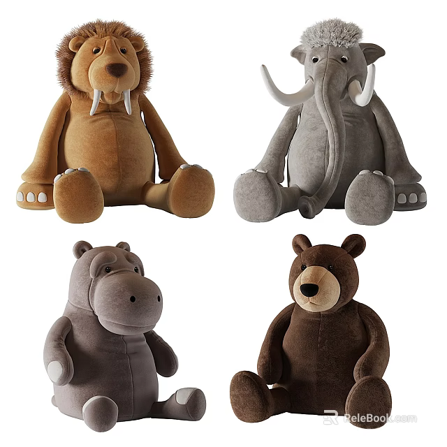Plush Animal Toys Featuring Lion Elephant Hippo And Bear 3d model 