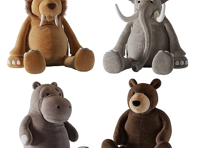 Plush Animal Toys Featuring Lion Elephant Hippo And Bear 3d model