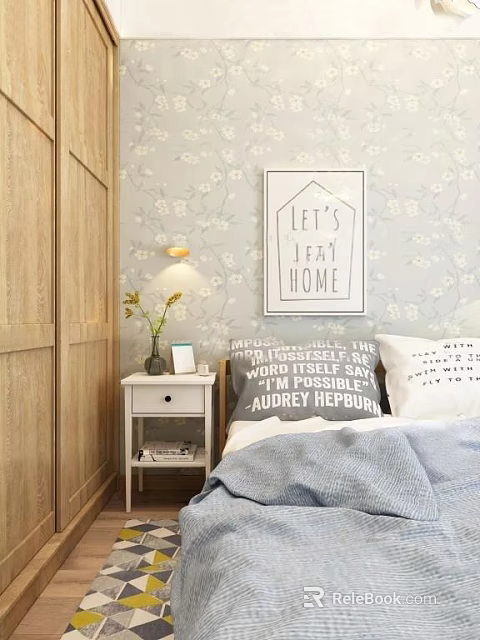 Background Double Bed with Floral Wallpaper Wooden Wardrobe Bedside Table Decorative Pillows Framed Wall Art 3d model 