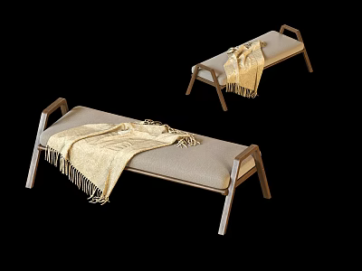 Modern Wooden Frame Chaise Lounge With Beige Cushion And Fringed Blanket 3d model