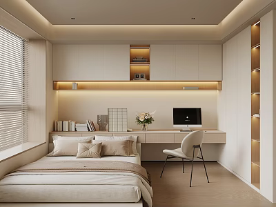 Modern Tatami Bedroom With Tatami Bed Desk Chair Bookshelf And Warm Lighting 3d model