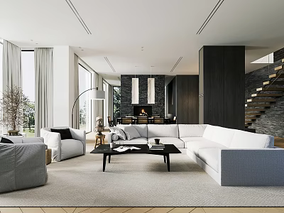Modern Living And Dining Room Interior With Sofa Coffee Table And Pendant Lights 3d model