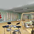 Kindergarten Interior with Green Walls Wooden Floors Curved Desk Tables Chairs and Decorative Paintings