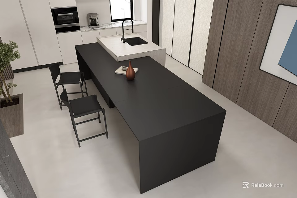 Modern Black Dining Table Set With Chairs In Kitchen With White Cabinets 3d model