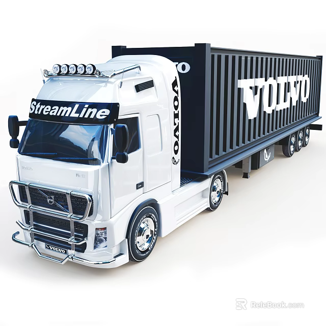 White Volvo Semi Truck With StreamLine And VOLFO Container Trailer 3d model
