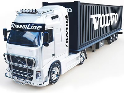 White Volvo Semi Truck With StreamLine And VOLFO Container Trailer 3d model