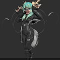 Anthropomorphic Reptile Character With Light Green Hair Horns Black Outfit Feathers And Tail