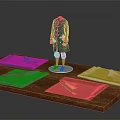 Traditional Dark Blue Coat On Mannequin With Green Purple Red Beige Fabrics On Wooden Platform