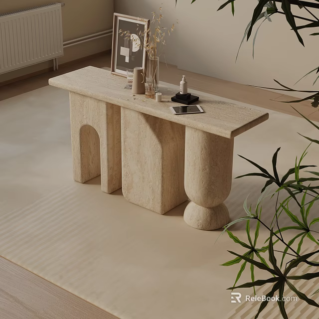Modern Minimalist Beige Stone Entryway Console Table And Side Cabinet With Decorations And Plants 3d model 