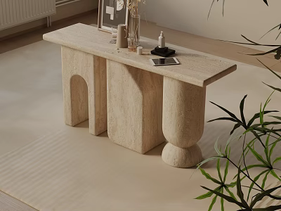 Modern Minimalist Beige Stone Entryway Console Table And Side Cabinet With Decorations And Plants 3d model