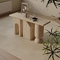Modern Minimalist Beige Stone Entryway Console Table And Side Cabinet With Decorations And Plants