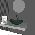 Green Bowl Vessel Sink With Black Faucet On White Marble Countertop And Striped Wall