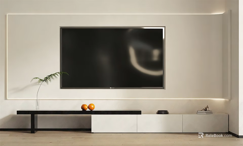 Modern TV Stand With Flat Screen TV Decorative Plants And Oranges On White Wall 3d model 