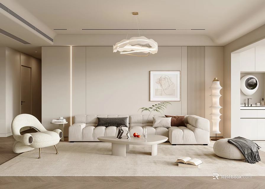 Modern Living Room Design With Beige Sofa Round Coffee Table Floor Lamp Art Painting Rug 3d model 