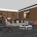 Modern Office Interior With Wooden Cabinets Bar Counter And Stools Tables Chairs Large Windows Curtains
