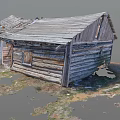 Dilapidated Old Wooden House With Broken Roof Weathered Planks And Overgrown Grass