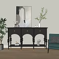Modern Entryway Console Table With Black Design Gold Handles And Decorative Vases Artwork Plants