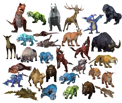 Game and Movie Characters With Colorful Low Poly Mythical Creatures in Various Poses 3d model