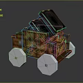 Medieval Pixelated Wooden Siege Weapon With White Wheels And Black Top Components