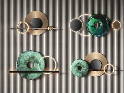 Modern Elegant Wall Decor With Circular Green And Gold Elements On Striped Background 3d model