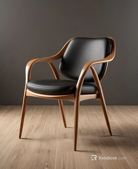 Stylish Modern Dining Chair With Black Leather Seat And Wooden Curved Armrests 3d model 