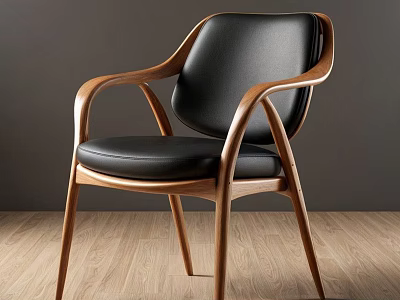 Stylish Modern Dining Chair With Black Leather Seat And Wooden Curved Armrests 3d model