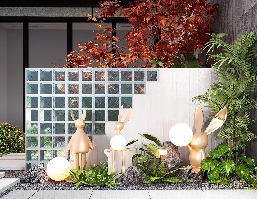 Modern Feature Wall With Glass Block Panel Golden Rabbit Sculptures Glowing Spheres And Greenery 3d model 