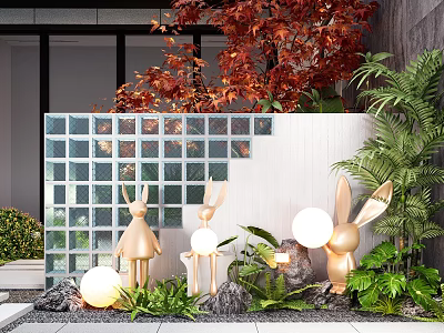 Modern Feature Wall With Glass Block Panel Golden Rabbit Sculptures Glowing Spheres And Greenery 3d model