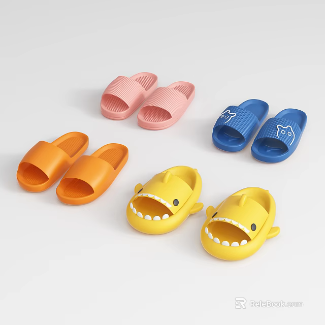 Colorful Kids Slippers With Funny Shark Shape And Various Vibrant Colors 3d model 