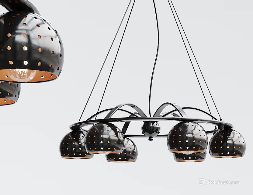 Stylish Black Chandelier With White Polka Dot Perforated Lampshades and Metal Frame 3d model 