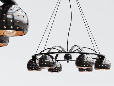 Stylish Black Chandelier With White Polka Dot Perforated Lampshades and Metal Frame 3d model