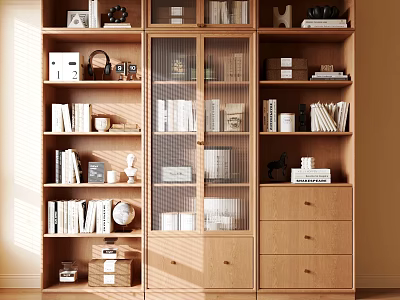 Modern Wooden Bookshelf Design With Glass Door Compartments Multiple Shelves And Storage Boxes 3d model